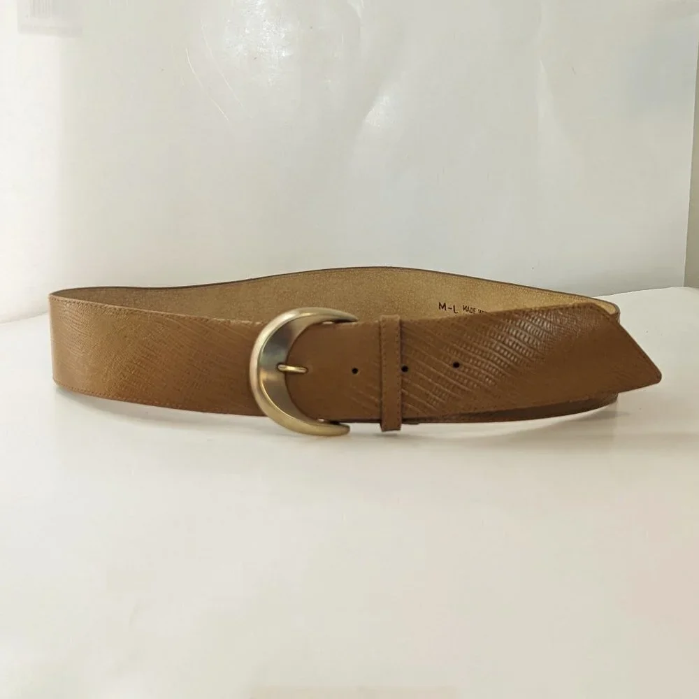Vintage Textured Leather Belt Wide Tan Yellow‎ Brown Gold Tone Buckle Hardware